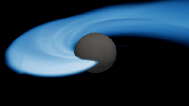 The coalescence and merger of a lower mass-gap black hole (dark gray surface) with a neutron star (greatly tidally deformed by the black hole's gravity). Credit: Ivan Markin, Tim Dietrich (University of Potsdam), Harald Paul Pfeiffer, Alessandra Buonanno 